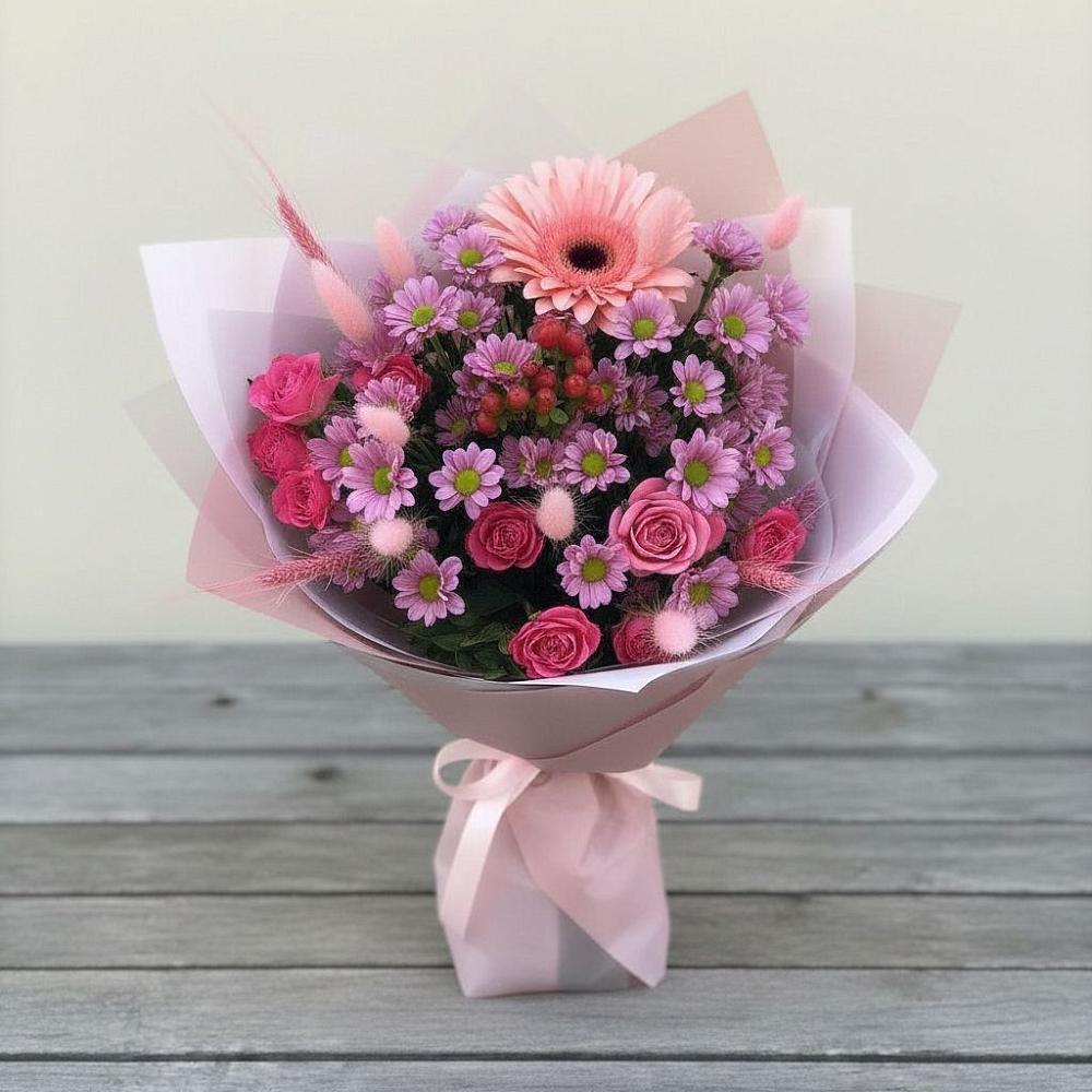 Букет цветов из: Розы, Герберы и Хризантемы в Берёзовской