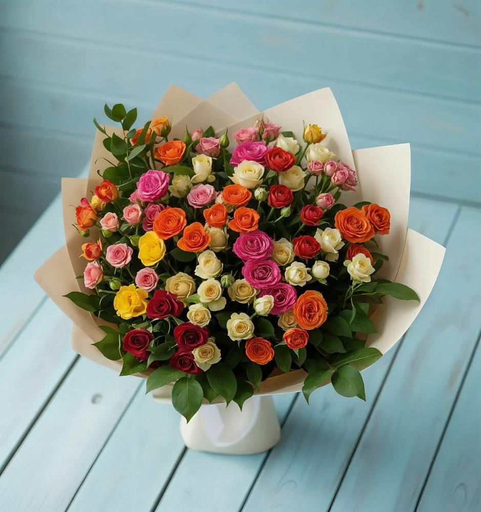 Букет Микс из разноцветных кустовых роз в Берёзовской