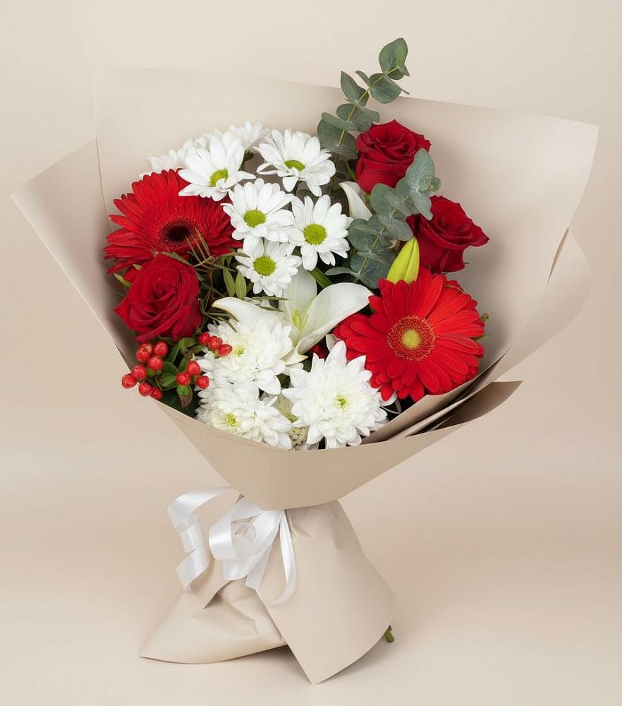Букет цветов из: Розы, Хризантемы, Герберы и Лилии в Берёзовской