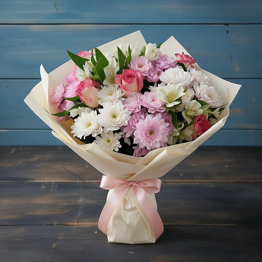 Букет цветов из: Хризантемы, Альстромерии и Розы в Берёзовской